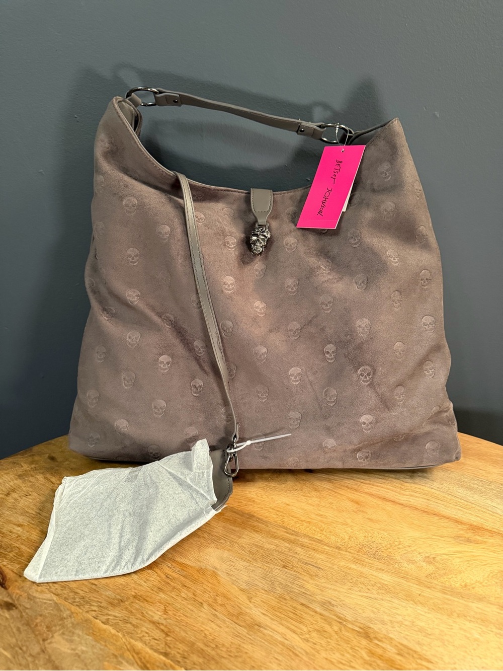 Betsey Johnson Women’s Skull-Embossed Suede Hobo Bag in Taupe